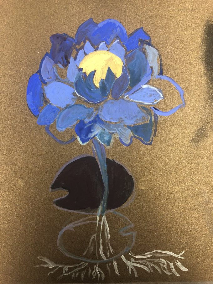 Blue lotus, gouache on gold paper — painting by Elaine Lai
